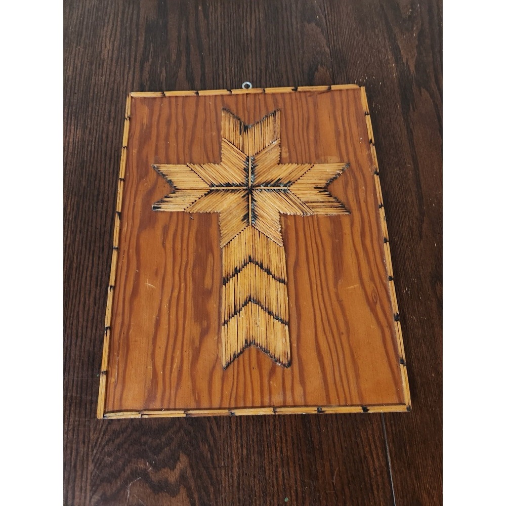 Vintage Folk Art Wood Cross Wall Hanging Matchstick Match Rustic Christian Decor